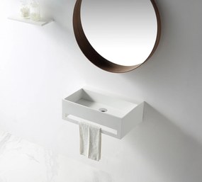 Umywalka ścienna TWG02 z odlewu mineralnegoBiały mat - ze zintegrowanym wieszakiem na ręczniki - 60 x 40 x 20 cm