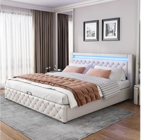 Łóżko ze schowkiem 180 x 200 cm - biały PU - z regulowanym oświetleniem LED - stelaż z listew - bez materaca