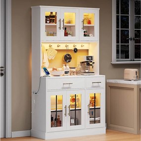 Kredens kuchenny w stylu rustykalnym - 100 x 40 x 180 cm - z 6 drzwiami + 2 szufladami + diodami LED + gniazdkiem elektrycznym - MDF - biały