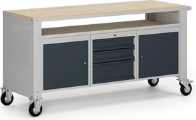 Mobilny stół warsztatowy G9, 1 górna półka, 2 szafki, 3 szuflady, 1690 x 595 x 865-1130 mm, szary/grafitowy