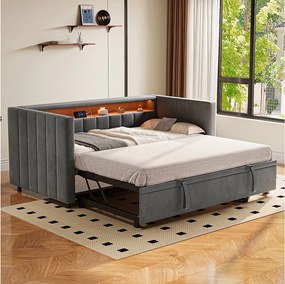 Łóżko z wysuwanym łóżkiem 90x190 cm - z zagłówkiem, schowkiem i oświetleniem LED - ciemnoszary aksamit - materac nie jest wliczony w cenę