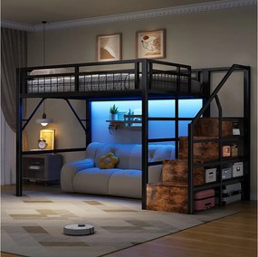 Łóżko piętrowe dla dzieci - 140 x 200 cm - rama żeliwna - z diodami LED + drabinka ze schowkiem - metalowe - czarne