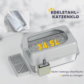 PawHut Kuweta dla kota, ze stali nierdzewnej, z wysokimi bokami i pojemnikiem, Jasnoszary