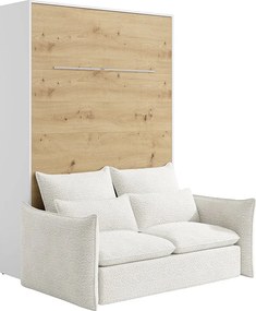 Łóżko chowane w szafie 160 x 200 cm - Ręczne otwieranie pionowe - Z diodami LED - Biały i naturalny + Kanapa - RAPILI