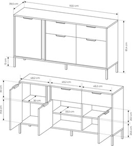 MARS komoda 153 cm 3 drzwi 2 szuflady antracyt ze złotymi elementami – nowoczesna komoda do salonu