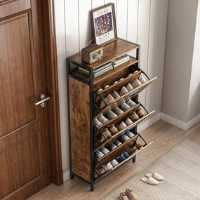 Brązowa rustykalna szafka na buty w stylu loft 60x130x30 cm - 3 półki, MDF + metal, industrialny design