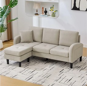 Sofa 3-osobowa z szezlongiem – Narożnik z kieszeniami bocznymi – jasnobrązowa tkanina bawełniano-lniana