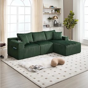 Modułowa Sofa Narożna 3-osobowa, z Korbu, z Uchwytem na Napoje, Poduszkami i Bocznymi Kieszeniami, Leżanka 118cm, Zielony