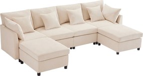 Nowoczesna kanapa - 4 osoby - przekształcalna w U i L - z 2 podnóżkami + 6 poduszkami - tkanina chenille - Beżowy