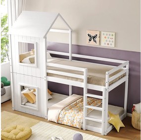 Łóżko piętrowe dla dzieci 2-osobowe, 90 x 200 cm, z litego drewna, ze stelażem listwowym, styl nowoczesny, kolor biały