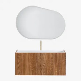 Zestaw Wiszących Mebli Łazienkowych 120x50 Cm Z Drewna Zintegrowany Z Umywalką Fiore Popielaty Brąz & Owalna Lampa Led - Sklum