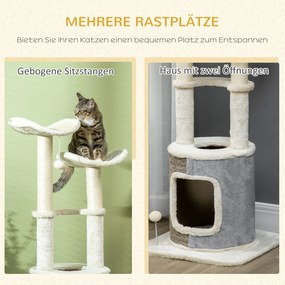 PawHut Drapak dla Kota z Domkiem Platformy Drapaki Pluszowy obramowanie Kremowy 48x48x110cm | Aosom PL