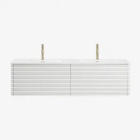Zestaw Wiszących Mebli Łazienkowych 160x50 Cm Z Drewna Z Wbudowanymi Umywalkami Noura Biała & Bezlusterkowiec & 2 X Dorado Drobno ↑20 Cm Z Przelewowym