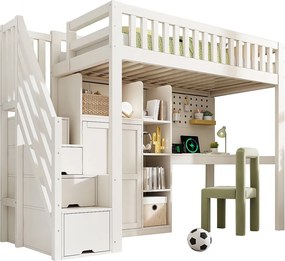 Łóżko na antresoli 90x200 cm - drabina z miejscem do przechowywania - z biurkiem, szafą i otwartymi półkami - z interfejsem USB - Biały​ (bez materaca)