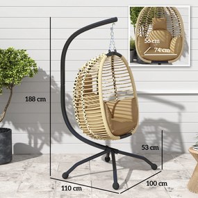 Outsunny Fotel wiszący z ramą, składany jajowaty fotel wiszący z zdejmowanym siedziskiem uchwyt na kubek lina zabezpieczająca beżowy | Aosom PL