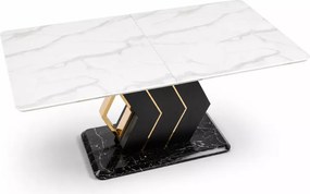 Stół Vincento rozkładany 160–200 cm – glamour biały marmur połysk MDF, czarno-złota podstawa, elegancki stół do jadalni i salon