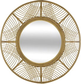 Duże okrągłe lustro ścienne z naturalnego bambusa Ø 70 cm, beżowa rama, wysokiej jakości szkło, montaż ścienny