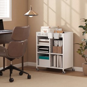 HOMCOM Regał na książki na kółkach, 4-poziomowy, regulowane półki i wiszące kosze do salonu i biura, biały | Aosom PL