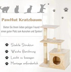 PawHut Drapak dla kotów z zabawką - Centrum rozrywki, pluszowe platformy i jaskinia, beżowy