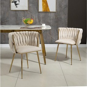 Zestaw 2 krzeseł do jadalni z plecionym oparciem i złotymi metalowymi nogami - aksamit w kolorze kości słoniowej