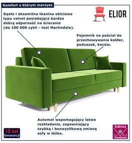 Zielona sofa welurowa z pojemnikiem i funkcją spania F6-F03