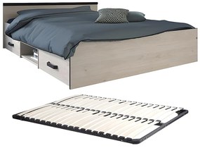 Łóżko ze skrzynią 140 x 190 cm - 2 szuflady i 1 wnęka - Kolory: naturalny + stelaż - PABLO