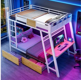 Łóżko piętrowe 90 x 200 cm z biurkiem, gniazdkami elektrycznymi, USB i Type-C, diodą LED, 2 szufladami - Metal + MDF - Białe (Materac nie jest wliczony w cenę)