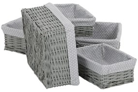 Zestaw koszyków wiklinowych z tkaniną Szara kropka, 5 szt., 5 rozmiarów, 48 x 18 x 37 cm