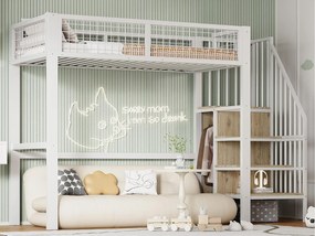 Łóżko mezzanine 90x200 cm z szafą i schodami - metalowa rama - Biała