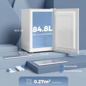 HOMCOM Mini-zamrażarka 85 l, kompaktowa zamrażarka stojąca z wymiennym zawiasem drzwi i regulacją temperatury, Biały | Aosom PL