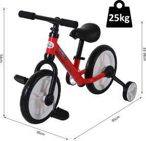 HOMCOM Rowerek Biegowy 2 w 1 Dla Dzieci Z Kółkami Podporowymi i Pedałami 2-5 Lat PP Czerwony | Aosom PL