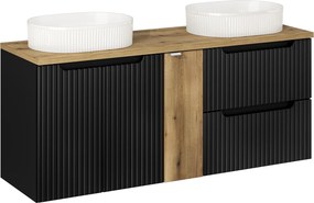 Szafka łazienkowa Nova 140 cm z białymi umywalkami Beyond, czarny mat/dąb coast evoke
