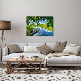 Obraz na szkle letniej rzeki z łodzią (70x50 cm)