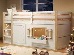 Łóżko na antresoli dziecięce 90x200 cm - z drabiną i barierką bezpieczeństwa - z małymi drzwiczkami - MDF + drewno lite - Biały (materac nie jest dołączony)