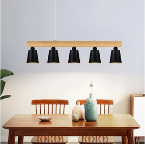 NETTLIFE Lampa wisząca 5 żarówek E27 czarna średnica 102cm nowoczesna lampa do jadalni z metalu i drewna do sypialni, korytarza kuchennego