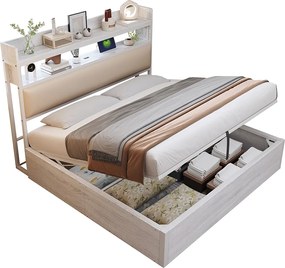Łóżko vintage ze schowkiem - 180 x 200 - z USB + tapicerowany zagłówek ze schowkiem - Metal + tkanina + MDF - białe