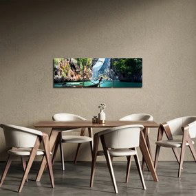 Obraz długiej łodzi na plaży (z zegarem) (90x30 cm)