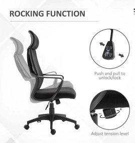 Vinsetto Krzesło Biurowe, Krzesło Biurkowe z Funkcją Bujania, Regulowane z Podparciem Głowy, Wsparciem Lędźwiowym - Czarny