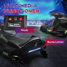 HOMCOM Elektryczny Gokart dla Dzieci, Koła z Ekoskóry, 3-8 km/h, ze Światłami i Muzyką, Czarny