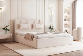 BESILIO Łóżko ze schowkiem z płyty 140x200 Monti - Łóżko slim, ozdobne poduszki ściągane, ze stelażem i pojemnikiem na pościel- Kremowy