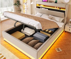 Tapicerowane łóżko z pojemnikiem 140x200 cm - z portem USB Type-C - z oświetleniem LED - z przegródką do przechowywania - Beżowy​ (materac nie jest wliczony w cenę)