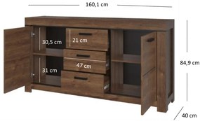 Komoda Dwudrzwiowa z Szufladami Drewniana do Salonu MYTH 160 cm Dąb brązowy Loft
