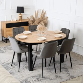 Zestaw Stół Okrągły Rozkładany HARRY 102-142 cm Dąb Artisan/Czarny i 6 Krzeseł Tapicerowanych CHRIS Szarych Nowoczesnych