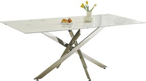 Prostokątny stół jadalniany z hartowanego szkła – Efekt białego marmuru i chromowany metal – dla 6 osób – CHIARA