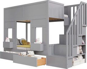Łóżko piętrowe dziecięce 90 x 200 cm - z drabiną z pojemnikami - z 2 szufladami - z barierkami bezpieczeństwa - szary​ (materac nie jest wliczony w cenę)