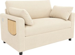 Kanapa 2-osobowa - z portem USB - ze składanym stolikiem pomocniczym - z 2 poduszkami - welur prążkowany - beżowy