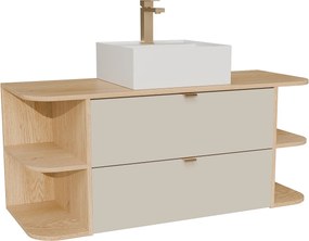 Wisząca szafka na umywalkę z wnękami, umywalką nablatową kwadratową i baterią - Beżowy i Jasnodrewniany - 120 cm LAVENA