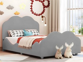 Łóżko dziecięce tapicerowane welurem - 90x200cm - z wezgłowiem w kształcie chmury + stelaż na listwy - Szare