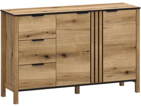 Komoda Dwudrzwiowa z Szufladami i Lamelami Drewniana do Salonu VERVE 138 cm Dąb Evok Klasyczna Loft
