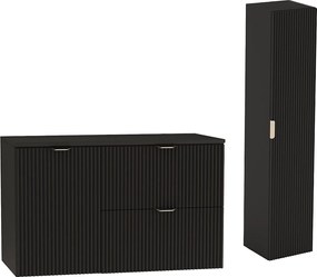 Czarny Zestaw do Łazienki 100cm Szafka Blat Czarny Szafka z Koszem Słupek Ryflowane Fronty